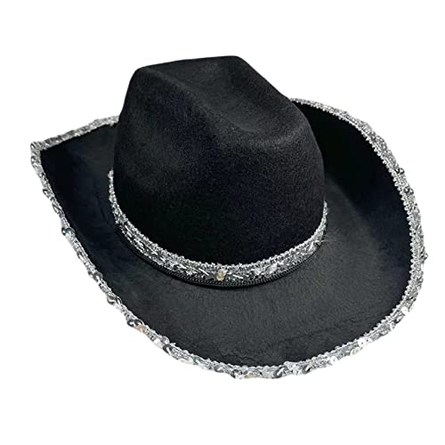 Qtinghua Weiß/Rosa Cowboyhut für Frauen Flauschiger Federbesatz Halloween Kostüm Cowgirl Hut für Cosplay Verkleidung Party Rollenspiel Geburtstagsfeier (Silberrand Pailletten Schwarz, Einheitsgröße) von Qtinghua