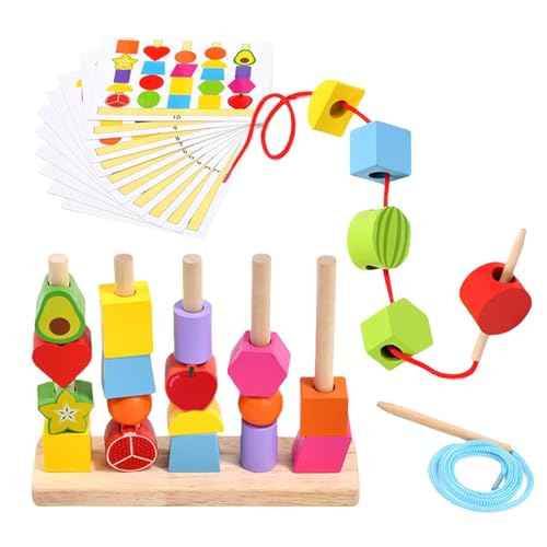 Perlen-Spielzeug-Set, Reihenfolge-Spielzeug-Set, Holzperlen-Reihenfolge, Stapelblöcke, Schnürperlen, passender Form-Stapler, Stiel-Vorschul-Lernspielzeug, Geschenke für Kinder, , Mädchen, Kleink von Quaeetyu