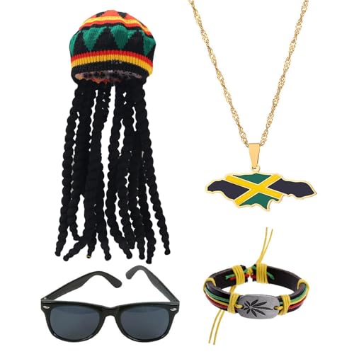 Rasta Haarschmuck - Retro Mehrzweck-Perückenhut für Juneteenth | Tragbares Dreadlocks-Hut-Set mit Halskette, Sonnenbrille für Partys von Quaeetyu