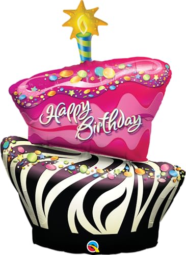 Folienballon Happy Birthday Ballon 41 Zoll (104 cm) – Geburtstagsballon in Rosa mit Kuchen- und Zebra-Design, langlebige Party-Dekoration für Kinder & Erwachsene" MADE in USA WIEDERVERWENDBAR von Qualatex