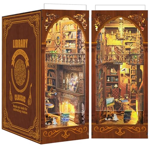 Quanquer DIY Book Nook Bibliothek-Puppenhäuser Holz Miniatur Haus Kit mit Möbeln und LED-Licht, Salbei-Bibliothek 3D Holzpuzzle Book Nook Kit, Modellbausätze Kreatives Geschenk für 14 Jahre+ von Quanquer