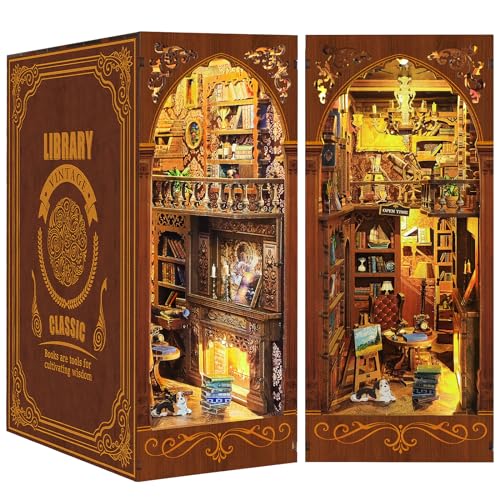 Quanquer DIY Book Nook Bibliothek-Puppenhäuser Holz Miniatur Haus Kit mit Möbeln und LED-Licht, Salbei-Bibliothek 3D Holzpuzzle Book Nook Kit, Modellbausätze Kreatives Geschenk für 14 Jahre+ von Quanquer