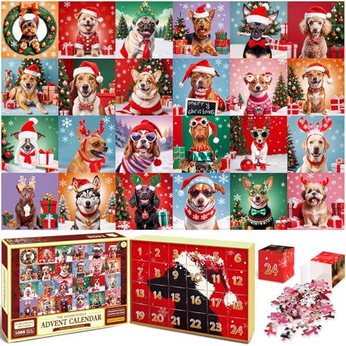 Quanquer Adventskalender 2024 Weihnachtspuzzle: Weihnachtshunde 24 Tage Countdown-Kalender Jigsaw Puzzle Adventskalender für Kinder Erwachsene Jungen Mädchen 1008 Teile Puzzle von Quanquer