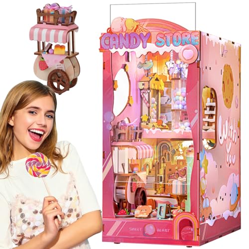 Quanquer DIY Book Nook_Rosa Sweetheart Candy Store 3D Holzpuzzle, Puppenhaus Holz Miniatur Haus Kit mit Möbeln und LED-Licht für Personen über 14 Jahre Kreatives Geschenk，Mit Staubschutzhülle von Quanquer