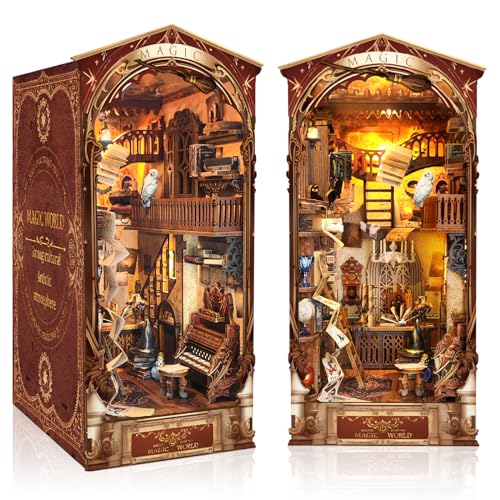 Quanquer DIY Book Nook Kit 3D-Puzzle mit Möbeln und LED, DIY Miniaturhaus Kit Bücherregal Dekor Holz Puppenhaus Kreativität Geschenk für Geburtstag Weihnachten Valentinstag (Magic World) von Quanquer