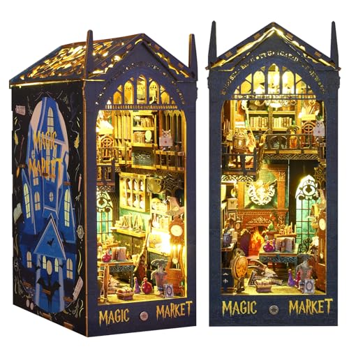 Quanquer DIY Book Nook Kit_DIY Puppenhäuser Miniatur Haus Kit mit Möbeln und LED-Licht, 3D Puzzle Buchstützen aus Holz, Modellbausätze für Erwachsene zum Bauen von Quanquer