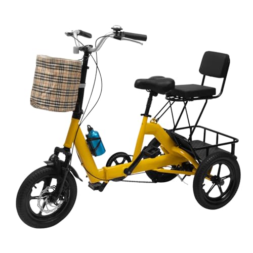 14 Zoll 3 Räder Fahrrad Senioren Trike Erwachsene Tricycle Mit Einkaufskorb Klappbares Dreirad, 14in faltbares Dreirad, Klappbares Dreirad für Erwachsene,Gelb von Queeucaer