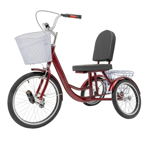 Dreirad für Erwachsene Dreirad für Ältere 3-Rad-Fahrräder mit Körben Tricycle,135x66CM Anti-Rollover Dreirad 20'' Vorderrad 16'' Hinterrad -Rot,mit Einer Körpergröße von 4,92-6,07ft von Queeucaer