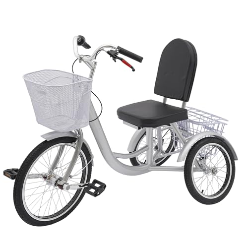 Dreirad für Erwachsene Dreirad für Ältere 3-Rad-Fahrräder mit Körben Tricycle,135x66CM Anti-Rollover Dreirad 20'' Vorderrad 16'' Hinterrad -Silber,mit Einer Körpergröße von 4,92-6,07ft von Queeucaer