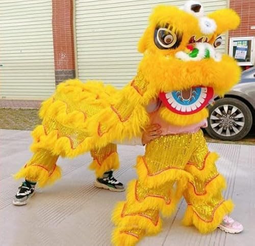 Quepiem Doppeltes Löwentanz-Maskottchen-Kostüm, traditioneller chinesischer Löwentanz-Kopf mit Schwanz und Hose für Kinder ab 15 Jahren, Party-Performance-Kostüm-Anzug(Yellow) von Quepiem