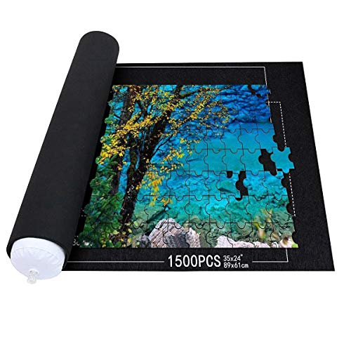 Queta Puzzle Matte für Puzzle Puzzles Rollup Matte, Jigsaw Puzzle Roll Mat Puzzle Storage Rollup für Puzzles mit Kordelzug Aufbewahrungstasche, für bis zu 1500 Stück Puzzles(schwarz) von Queta