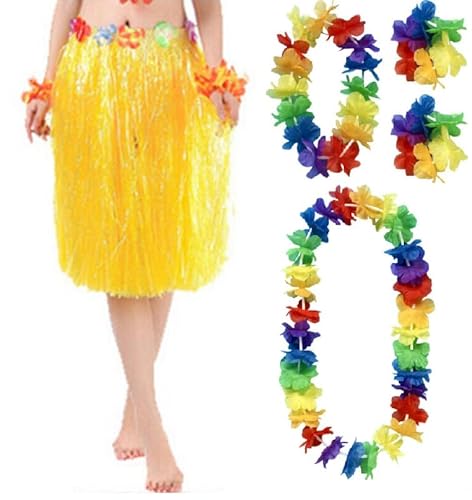 Quickdraw Hawaii Lei Hula Bastrock mit Blume Girlande Kostüm 5 Teile Aloha Sommer Party Satz - Gelb, one Size von Quickdraw