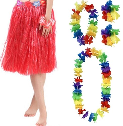 Quickdraw Hawaii Lei Hula Bastrock mit Blume Girlande Kostüm 5 Teile Aloha Sommer Party Satz - Rot, one Size Quickdraw Hawaii Lei Hula Bastrock mit Blume Girlande Kostüm 5 Teile Aloha Sommer Party Satz - Rot, one Size von Quickdraw