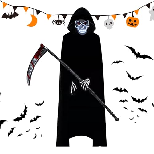 Qumiuu Reaper Cosplay-Kostüm-Set, Halloween-Umhang-Reaper-Outfits | Todesumhang-Reaper-Kostüm | 4X Umhang mit Kapuze, Halloween-Kostüm mit Totenkopf-Handschuhen, Maske und Sense für Kinder und von Qumiuu