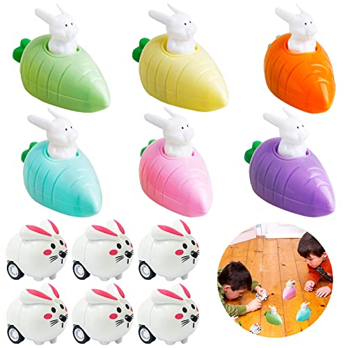 Aufziehbare Hasen, 12 Stück Kaninchen Auto Set, Aufziehbare Osterhasen, Ostern Geschenk Aufziehspielzeug, Aufziehbare Hasen mit Karotte Set, Fahrende Hasen Ostergeschenke für Jungen und Mädchen von Qunkun