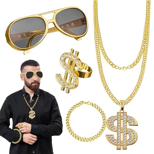 4 Stück Dollar Kette set Goldkette Herren, Malle Accessoires, Hip Hop Kostüm Set, Hiphop Schmuck,Kette Dollar Zeichen Ring Retro Sonnenbrillen Personalisiert Armband,80er 90er Jahre Accessoires von Qunkun