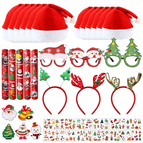 40 Stück Weihnachts Accessoires, 12 Weihnachtsmützen, 12 Tattoo, 3 Weihnachtsbrille, 3 Kopfschmuck Weihnachten, 5 Weihnachten Sprengring, 5 Weihnachts Fibeln, für Kinder Erwachsene Weihnachtsfe von Qunkun