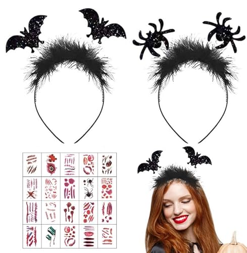 Fledermaus Haarreif, 2 Stück Halloween Haarschmuck, Halloween Fledermaus Haarreif Spinnen Stirnband, Vampir Stirnband, Halloween Karneval Fasching Kostüm Accessoire mit Temporäre Tattoo Aufkleber von Qunkun