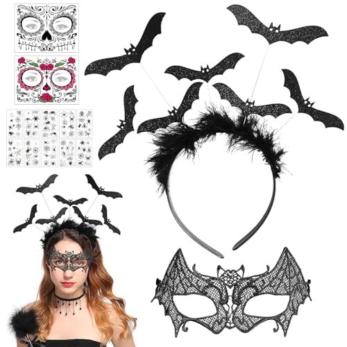 Fledermaus Haarreif, Halloween Haarschmuck, Spinnen Stirnband, Halloween Fledermaus Haarreif Spinnen Stirnband, Vampir Stirnband, Halloween Karneval Fasching Kostüm Accessoire mit Tattoo Aufkleber von Qunkun