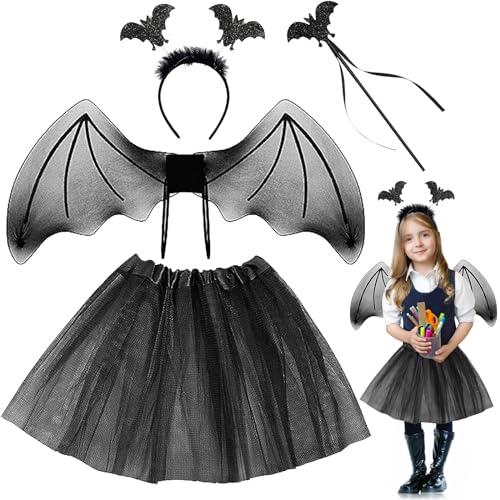 Fledermaus Kostüm Kinder, 4 Stück Fledermaus Kostüm Mädchen Set, Flügel Kostüm Mädchen mit Haarreif, Stab, Flügel und Tutu, karneval kostüm für Kinder Halloween Karneval Fasching Mottoparty Cosplay von Qunkun