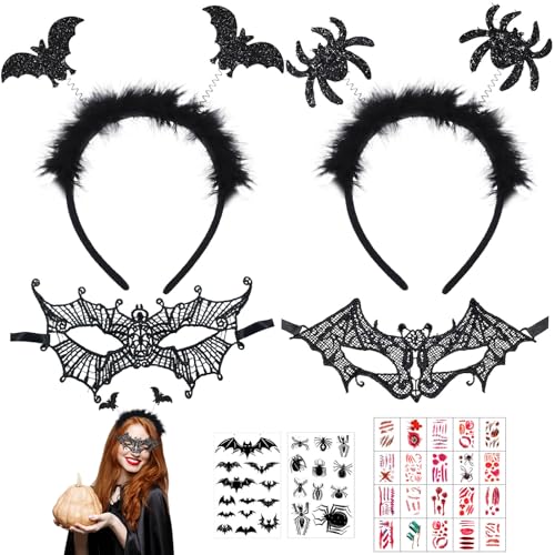 Halloween Haarreif Set, Fledermaus Haarreif, Fledermaus Kostüm, Halloween Kostüm Damen Zubehör, Vampir Haarreifen, Fledermaus Tattoo Aufkleber, Halloween Stirnband Accessoires für Damen Kinder (7) von Qunkun