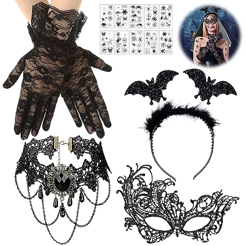 Halloween Kostüm Damen, 5 Stück Halloween Steampunk Zubehör, Spitze Handschuhe, Gothic Spitze Halskette, Venezianische Masken, Maskenbal, Fledermaus Haarreif, Gothic Kostüm für Karneval Fasching von Qunkun