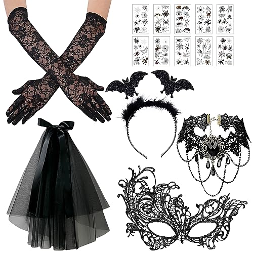 Halloween Kostüm Damen, 6 Stück Halloween Steampunk Zubehör, Spitze Handschuhe, Gothic Spitze Halskette, Venezianische Masken, Schleier, Fledermaus Haarreif, Gothic Kostüm für Karneval Fasching von Qunkun