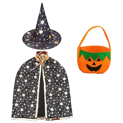 Hexen Umhang Kinder, Halloween Kostüm Kleinkind Hexe, Hexenhut Kinder,Halloween Kostüme Set, Kostüm Hexe Kinder,Halloween Aufkleber,Kürbis Candy Bag, Cosplay Party Kostüm für Jungen Mädchen von Qunkun