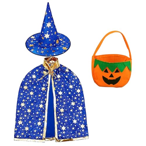 Halloween Kostüme Set, Kinder Halloween Kostüm, Halloween Hexe Umhang, Hexe Zauberer Umhang mit Hut, Witch Umhang mit Kürbis Candy Bag und 20 Tattoos Aufkleber für Halloween Cosplay-Themenparty von Qunkun