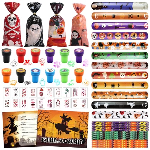 Halloween Mitgebsel Party Mitbringsel, 80PCS Halloween Party Spielzeug, Halloween Party Mitgebsel, Halloween Mitgebsel Kinder, Bleistifte/Geschenk Tüten/Slap Armbänder/Halloween Stempel/Tattoos von Qunkun