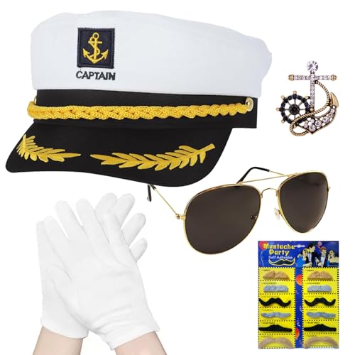 Kapitän Hut Kapitänsmütze Kostüm Set, 5 Stück Kapitänsmütze Matrosenmütze, kapitänsmütze Marine Seemann Hut für Erwachsene Damen Männer mit Sonnenbrille Kapitän Prop für Karneval Partys Cosplay von Qunkun