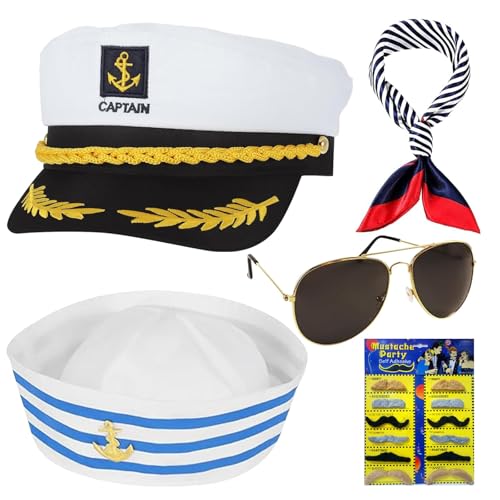 Kapitän Hut Kapitänsmütze Kostüm Set, 5 Stück Kapitänsmütze Matrosenmütze, kapitänsmütze Marine Seemann Hut für Erwachsene Damen Männer mit Sonnenbrille Kapitän Prop für Karneval Partys Cosplay (B) von Qunkun