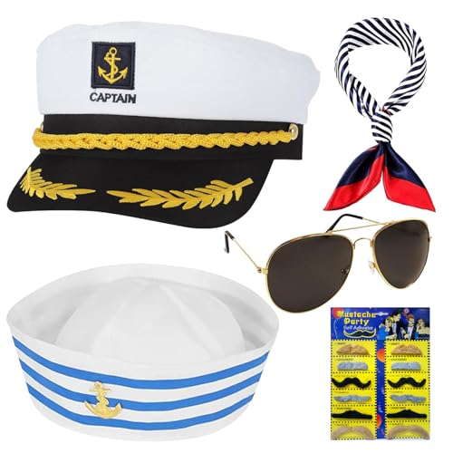 Kapitän Hut Kapitänsmütze Kostüm Set, 5 Stück Kapitänsmütze Matrosenmütze, kapitänsmütze Marine Seemann Hut für Erwachsene Damen Männer mit Sonnenbrille Kapitän Prop für Karneval Partys Cosplay (B) von Qunkun