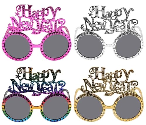 4 Paar Frohes Neues Jahr Brillen, 2025 Happy New Year Partybrillen, Silvester Deko, Glitzer Foto Requisiten Brille, Silvester Dekorationen Party Brille Neues Jahr für Silvester Party Dekoration von Qunkun