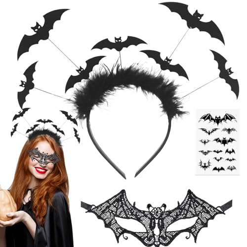 Qunkun Karneval Haarreif Set, Fledermaus Haarreif, Fledermaus Kostüm, Karneval Kostüm Damen Zubehör, Vampir Haarreifen, Fledermaus Tattoo Aufkleber, Karneval Stirnband Accessoires für Damen Kinder von Qunkun