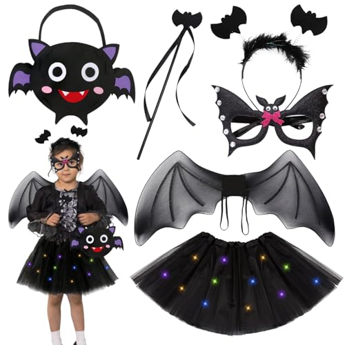 Qunkun Karneval Kostüm Kinder Mädchen, Fledermaus Kostüm Set, Fledermaus Brille, Haarband, Zauberstab, Flügel, Fledermausflügel Tutu für Halloween Karneval Fasching Maskerade Cosplay Party von Qunkun