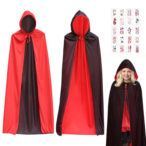 Qunkun Halloween Kostüm Vampir, Vampir Kostüm Damen, Kostüm Vampir Kinder, Umhang Halloween Rot Schwarzer mit Kapuze 120CM, für Halloween Kostüm von Qunkun