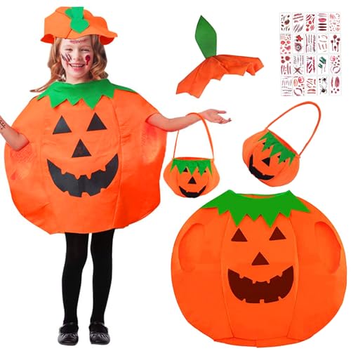 Kinder Kürbis Halloween Kostüm, Halloween Kürbis Kostüm mit Hut, Halloween Kostüm Kürbis, Kürbis Tasche, kürbis kostüm Damen mit 20 Temporäre Tattoo für Halloween Party Fasching Karnevals Cosplay von Qunkun