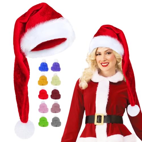 Qunkun Lang Weihnachtsmütze Rot, Nikolausmütze Erwachsene Kind Plüsch Weihnachtsmützen, Christmas Hat Mit 10 Stück Mini Weihnachtsmütze von Qunkun