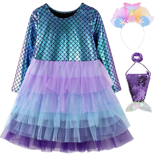 Qunkun Meerjungfrau Kleid, Prinzessin Kleid Mädchen, Meerjungfrauen Kostüm Mädchen Kinder 5-6 Jahr, Prinzessin Kostüm Mädchen für Halloween Karneval Cosplay Party von Qunkun