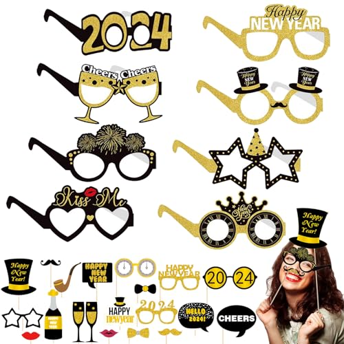 Qunkun Silvester Brille, 8 Paar Frohes Neues Jahr Brillen, 20 Stücke Fotorequisiten, Silvester Deko 2025, Happy New Year Brillen, Foto Requisiten, Partybrille Silvester Deko für Silvester Party von Qunkun