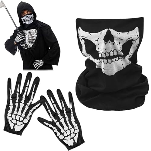 Qunkun Skeleton Gloves Gesichtsmaske Full Face Skeleton Skull Ghost mit Skeleton Pattern Gloves Skeleton Gloves Schwarz für Fasching Halloween Cosplay Kostüm von Qunkun