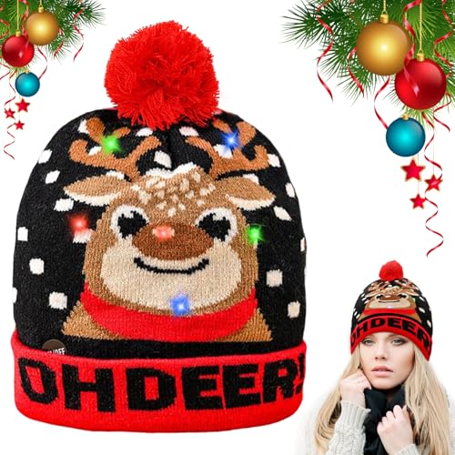 Qunkun Weihnachtsmütze Kinder Bunt, Nikolausmütze Kinder, Led Mütze Kinder Weihnachten, Wintermütze Beanie Hut Mit Elch-Motiv, Led-Hut Für Kinder Und Erwachsene von Qunkun