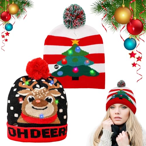 Qunkun 2 Stück Weihnachtsmütze, Wintermütze Beanie Hut, Weihnachtsmütze Kinder Bunt, Warme Neuheit Weihnachten Hut Für Unisex Kinder, Weihnachtsmütze Mit Licht für Kinder und Erwachsene von Qunkun