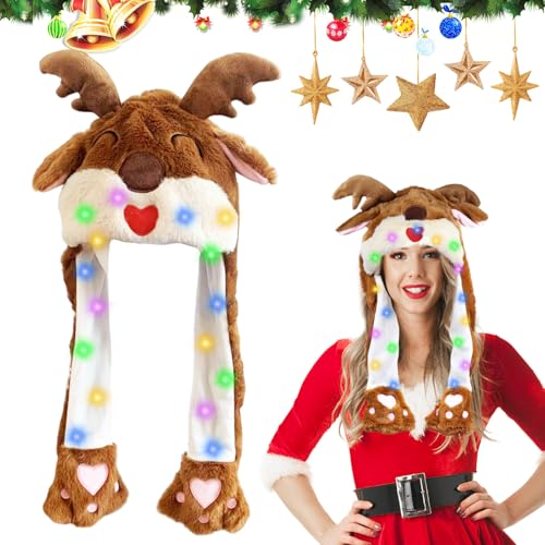 Rentier Mütze Mit Beweglichen Ohren, Weihnachtsmütze Led Mit Rentier Ohren, Weihnachtsmann Plüsch Hut, Lustige Kopfbedeckung Weihnachten, Weihnachten Karneval Party Geschenk für Damen Mädchen Kinder von Qunkun