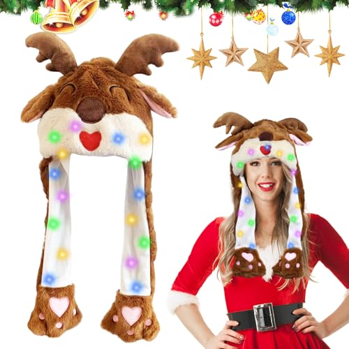 Rentier Mütze Mit Beweglichen Ohren, Weihnachtsmütze Led Mit Rentier Ohren, Weihnachtsmann Plüsch Hut, Lustige Kopfbedeckung Weihnachten, Weihnachten Karneval Party Geschenk für Damen Mädchen Kinder von Qunkun