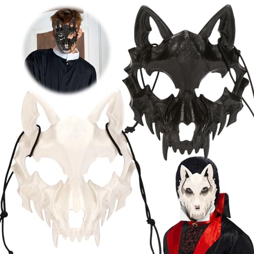 Schädel Motorrad Skelett Halbe Gesichtsmaske, 2 Stück Skelett Maske Halloween, Tier Maskerade Wolf, Vintage Wolf Kostüm Masken, Maske Skelett kinnlos für Karneval Fasching Kostüm Halloween Party von Qunkun