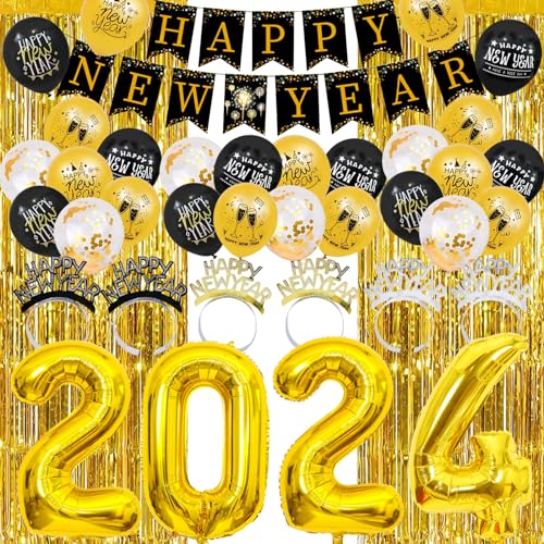 Silvester Deko, Silvester Dekoration 2025, 32PCS Neujahr Silvesterdeko, XXL Happy New Year Banner, Silvester Luftballon, Party Krachmacher, Silvester Haarreifen, Accessoire für Silvester Party von Qunkun