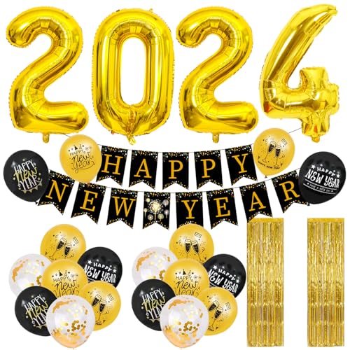 Silvester Deko, Silvester Dekoration 2025, 27PCS Neujahr Silvesterdeko, Happy New Year Banner, Silvester Luftballon, Party Krachmacher, Silvester Haarreifen, Silvester Accessoire für Silvester Party von Qunkun