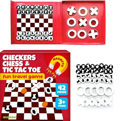 Quokka 3 in 1 Chess&Checkers&TicTacToe Schachspiel Kinder ab 6 - Dame Spiel - Tic Tac Toe - 42-teiliges Magnetisches Reisespiel für 3–5 Jährige - Reiseschach Magnetisch für Jungen und Mädchen von Quokka